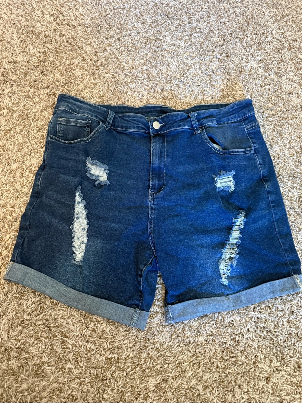 Mid-Rise Dark Blue Distressed Denim Shorts for Women